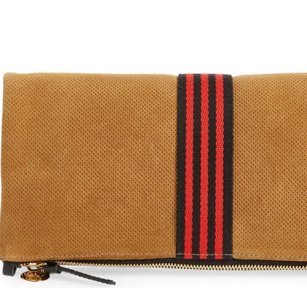 CLARE V. Perforated Suede Foldover Clutch Bag Camel Tan W/ Stripe NEW.